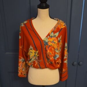 NWOT Flying Tomato Red Floral V-Neck Faux Wrap Kimono Style Blouse Sz XS fits S
